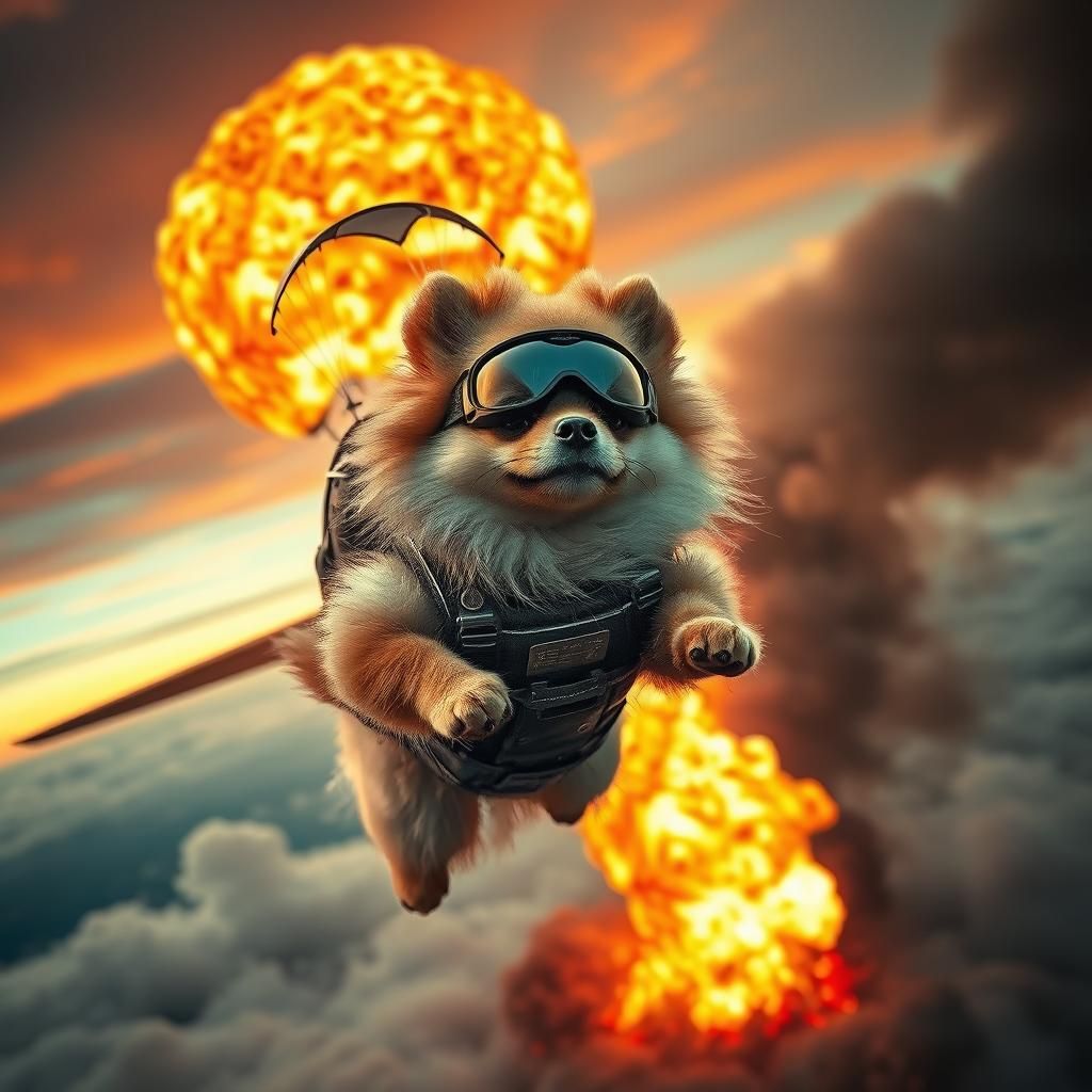 Pomeranian Parachute Jump from Burning Airplane