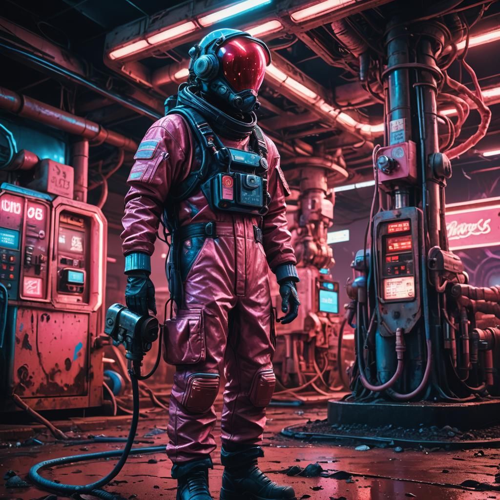 Cyberpunk Gas Station Attendant on Mars in Neon Landscape