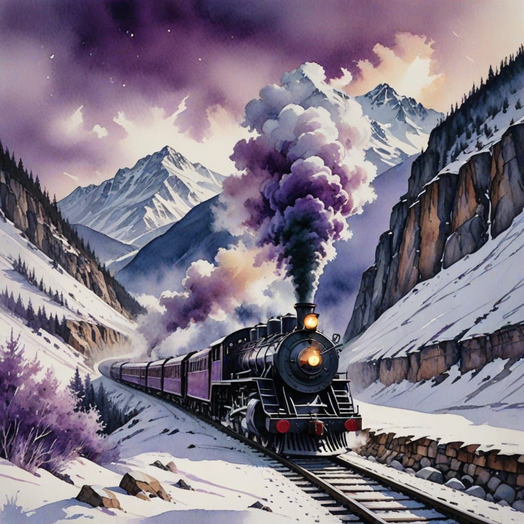 Steam Train on Frozen Mountain Pass Watercolor Painting