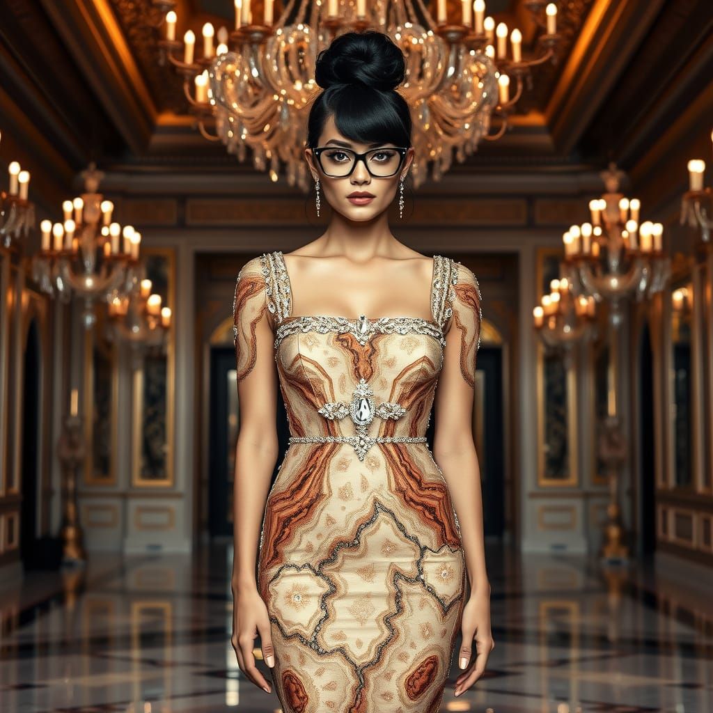 Elegant Woman in Crystal Geode Embellished Ballgown with Cat...