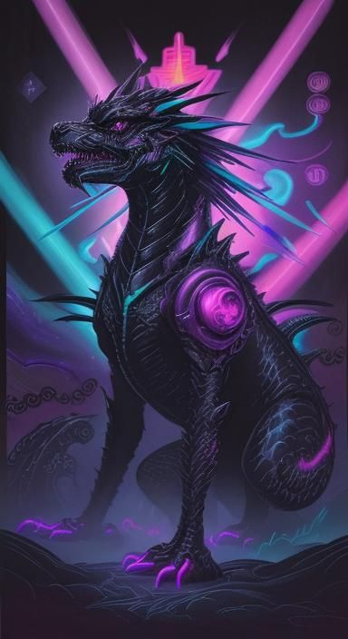 Black Dragon with Rainbow Eyes in Cyberpunk Style