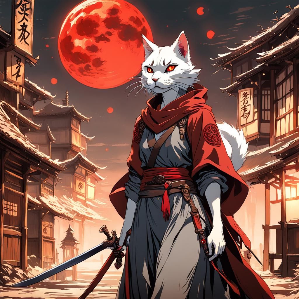 Catfolk Assassin Under Red Moon: Ghibli Anime Style