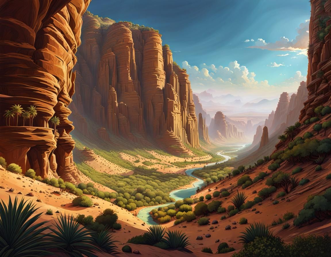 Lush Desert Canyon Illustration in Fantasycore Style