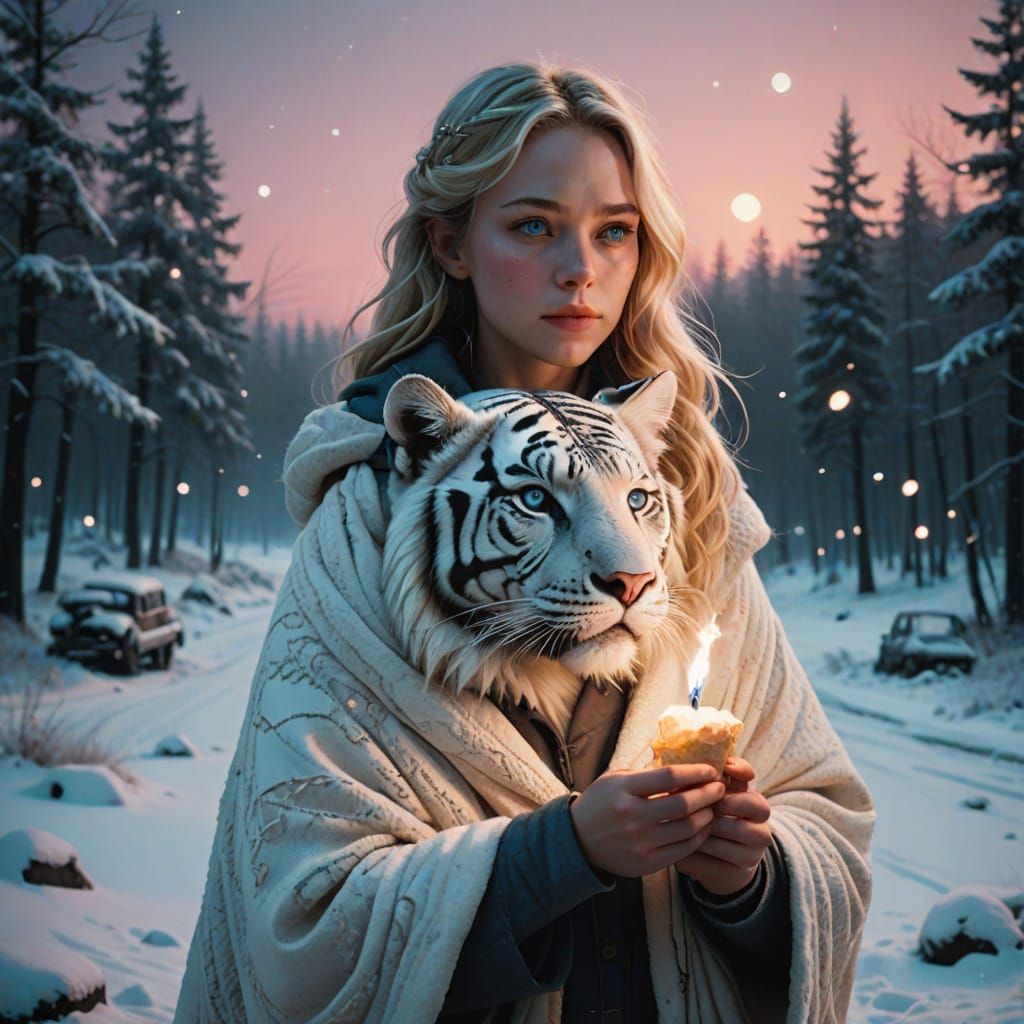 Ethereal Winter Scene with Girl and Tiger in Soft Pink and G...