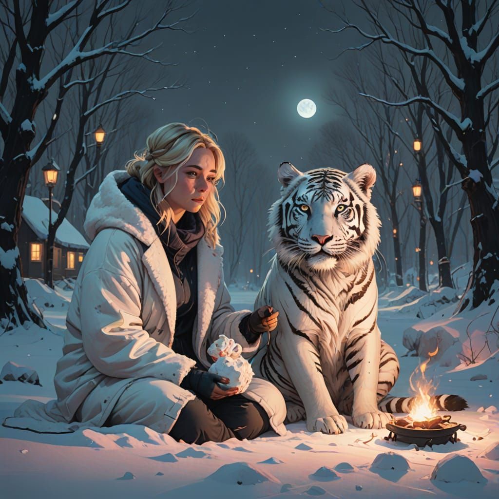 Surreal Winter Wonderland with a Blonde Girl and a White Tig...