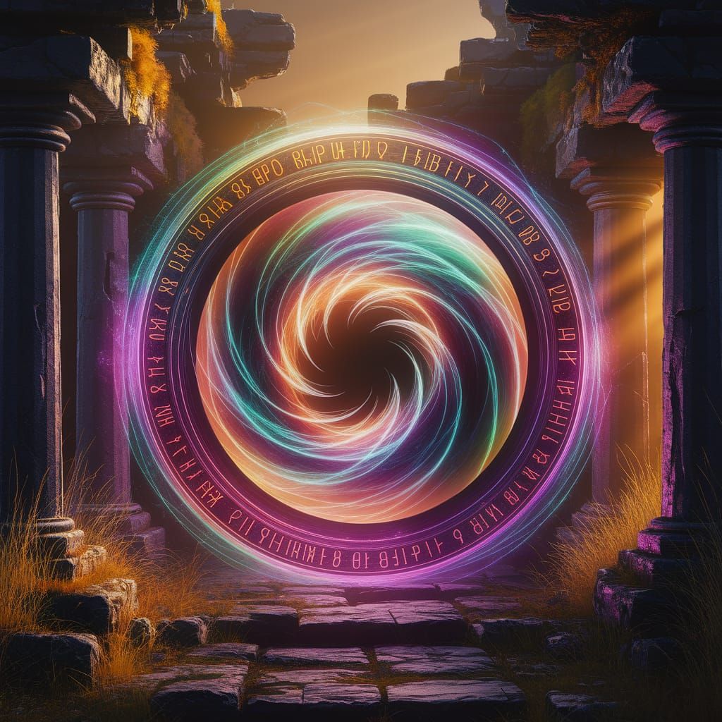 Iridescent Portal Framed by Glowing Runes