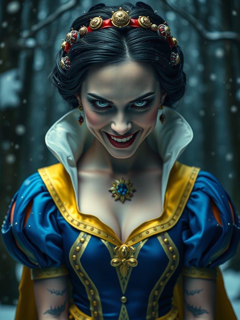 Eerie Snow White in Winter Forest, Hyperrealistic Style