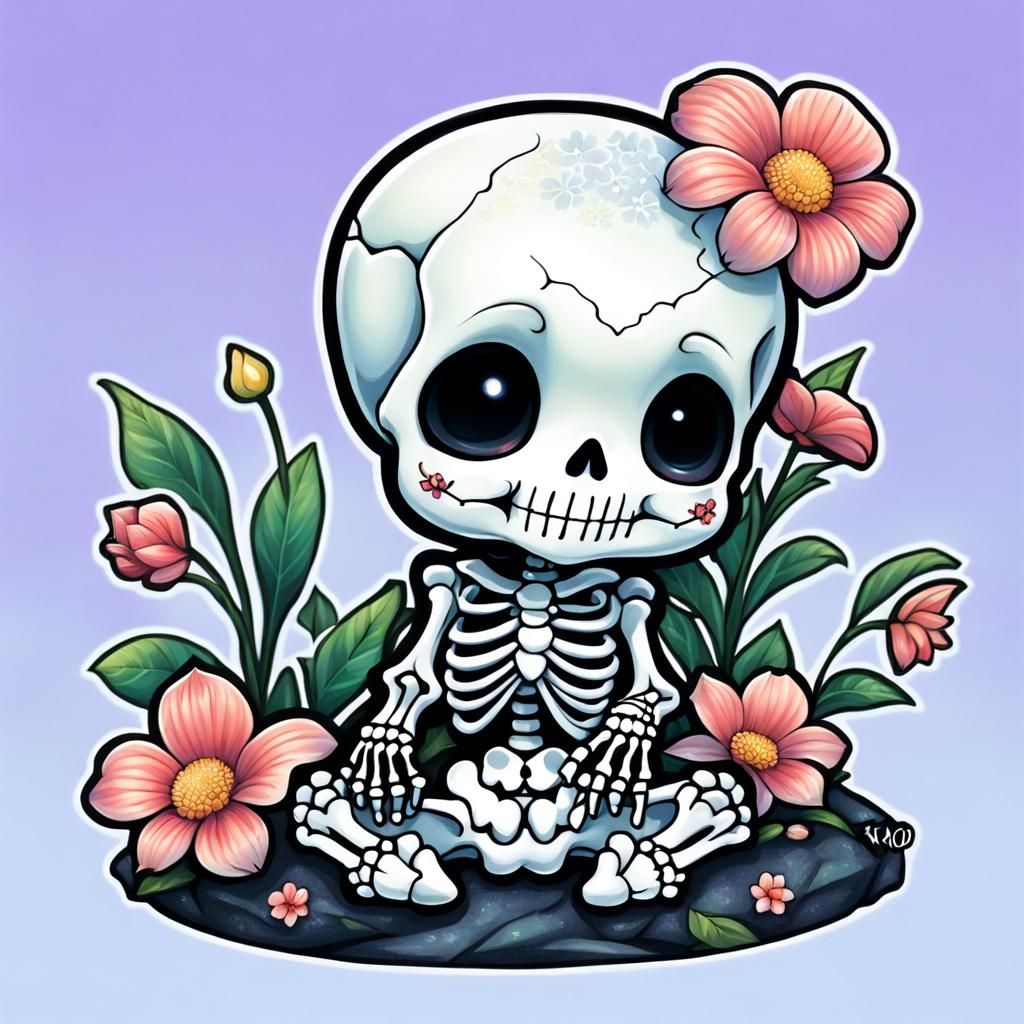 Chibi Baby Skeleton in Flower Garden