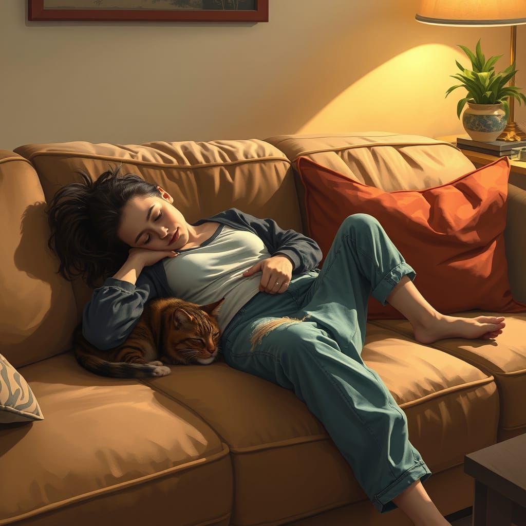 Woman Napping with Cat in Cozy Living Room