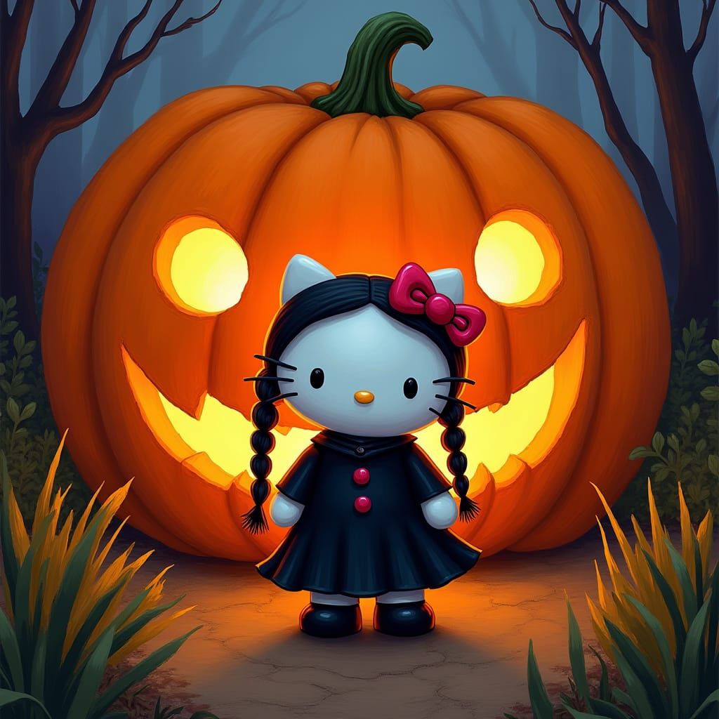 Hello Kitty dressed as Wednesday Addams