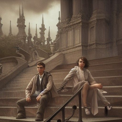 Students on Stone Steps in Dark Academia Style