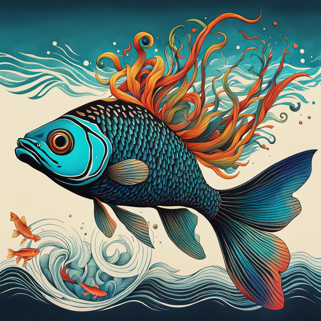 Serpentine Fish Leaps from Drawing: Ink Illustration