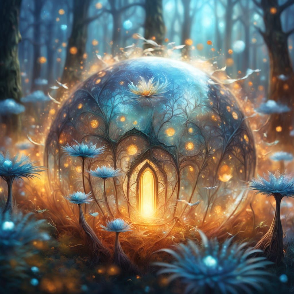 Mystical Geodesic Dome in an Iridescent Fantasy Landscape