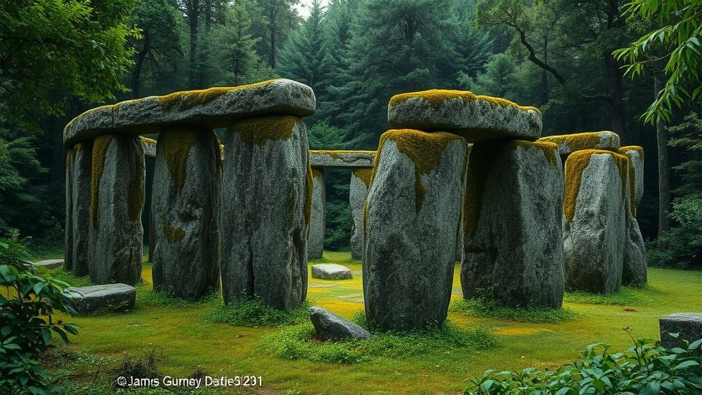 Moss-Covered Stonehenge Replica in Lush Forest