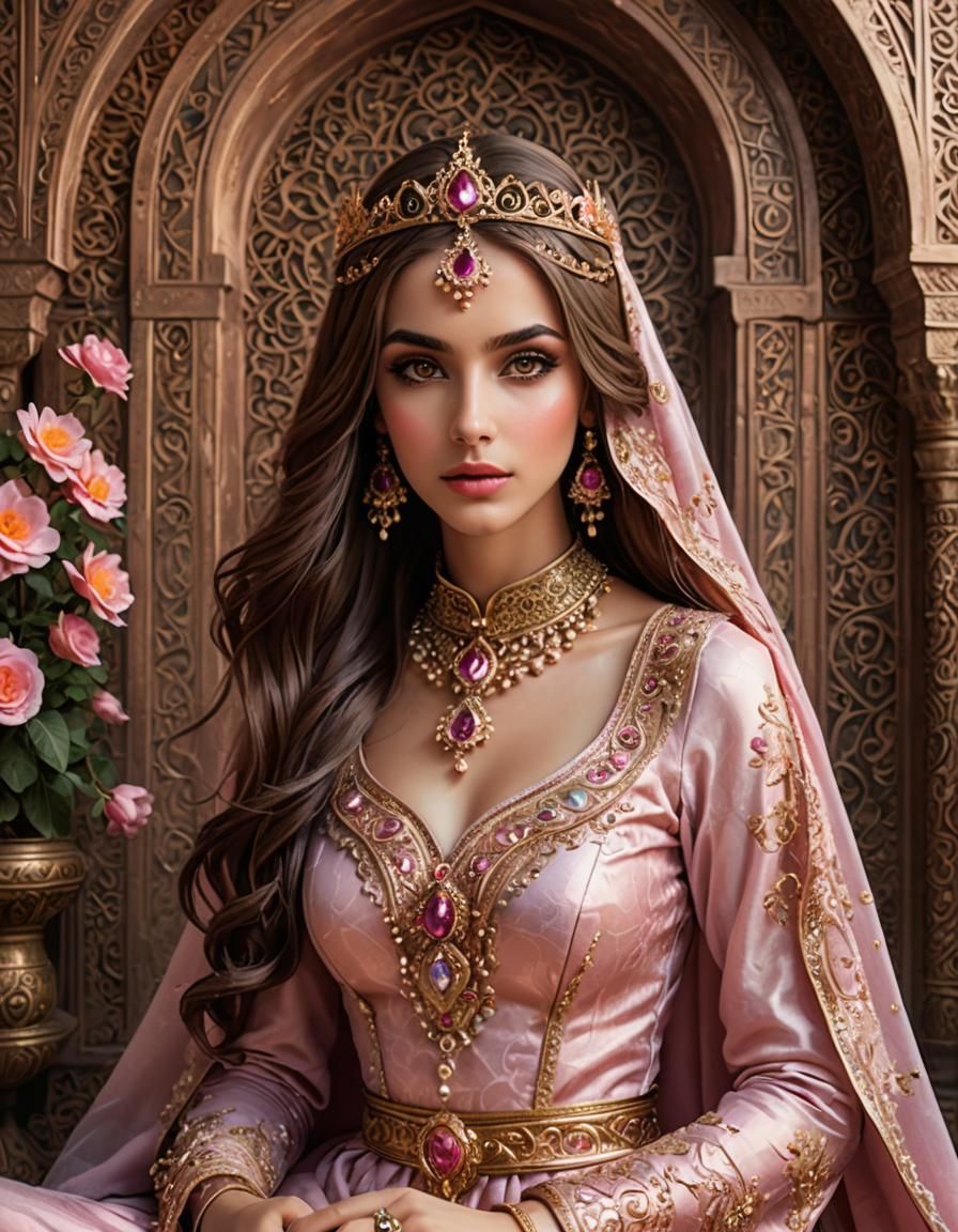 Smiling Arabian Princess with Pink Hair in Harem