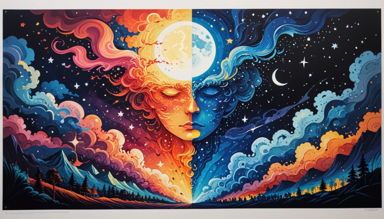 Day and Night Doodle Artwork in Vibrant Ink Colors
