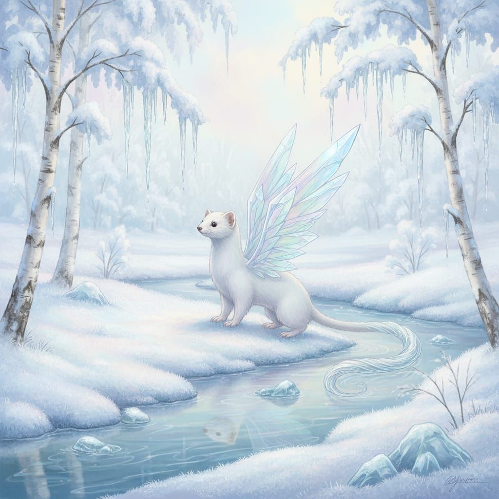 Stoat with Icy Wings in Snowy Winter Wonderland