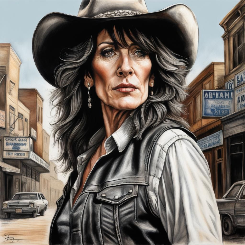 Charcoal Portrait of Woman in Cowboy Hat