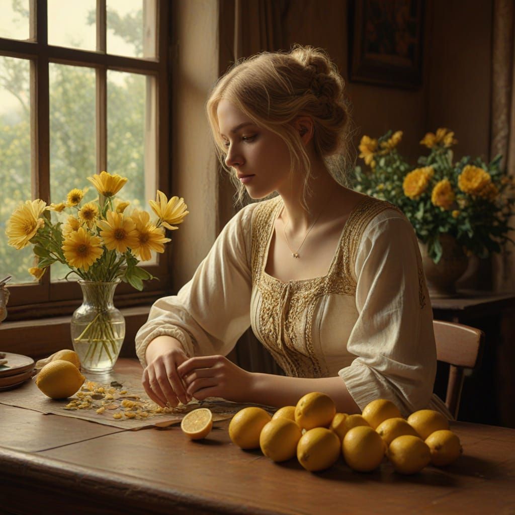 Blond Woman with Lemons: An Art Nouveau Digital Painting