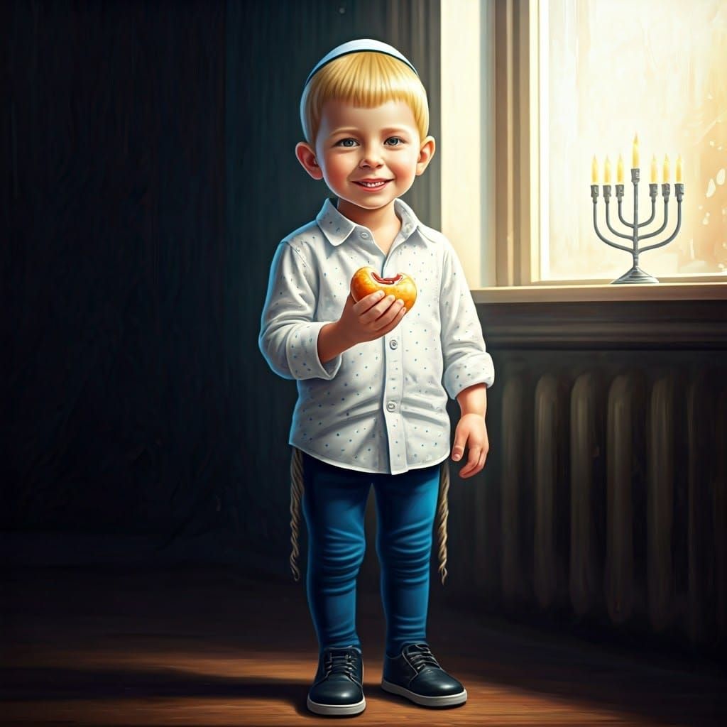 Hasidic Boy Bites Donut: Hyperrealistic Detailed Image