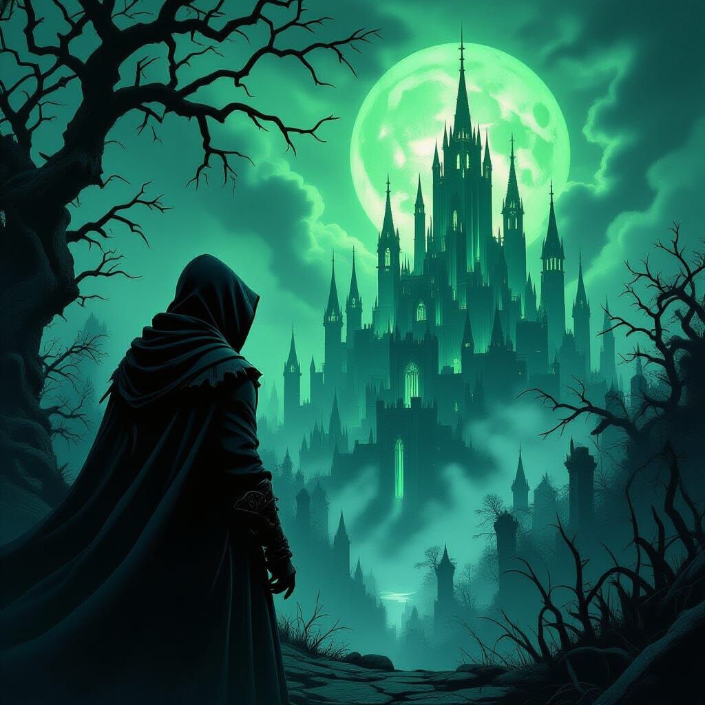 Gothic City and Cloaked Figure in Dark Fantasy Style