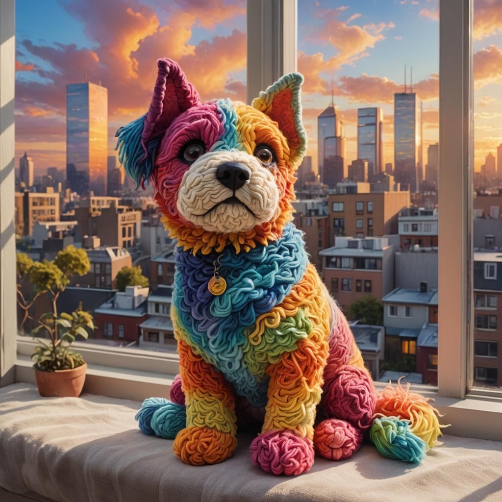 Rainbow Wool Dog Fantasy Art, Cityscape Sunset