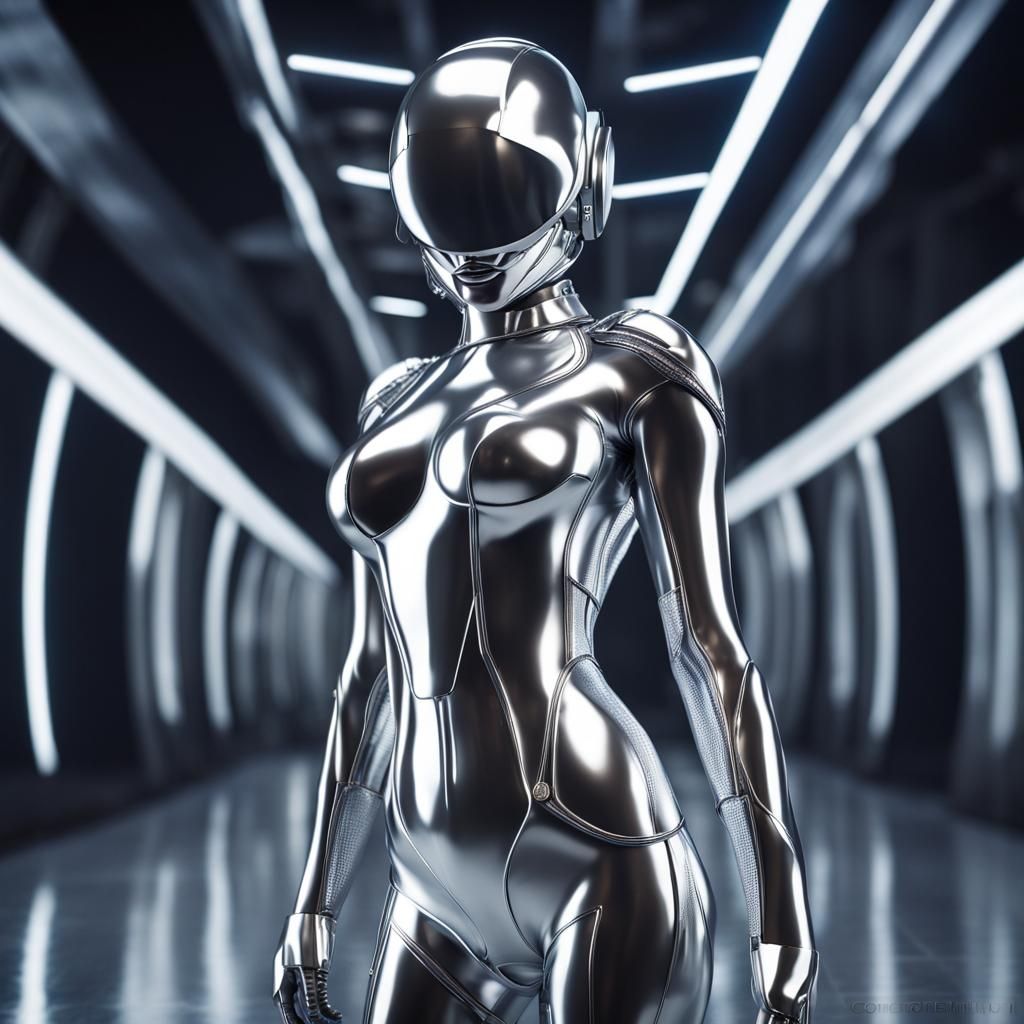 Photorealistic Cyber Woman in Silver Liquid Metal Suit