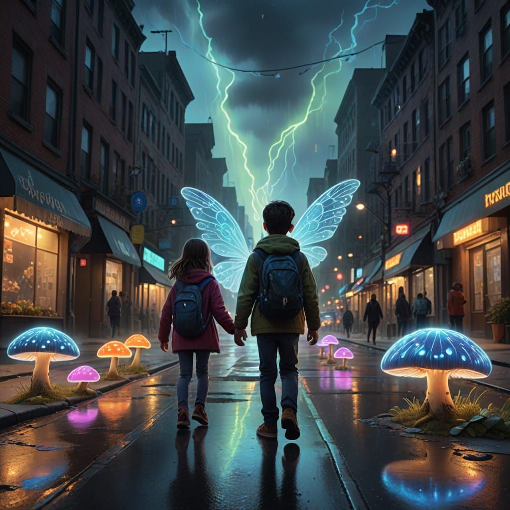 Children's Enchanted Encounter in an Urban Fantasy Scene