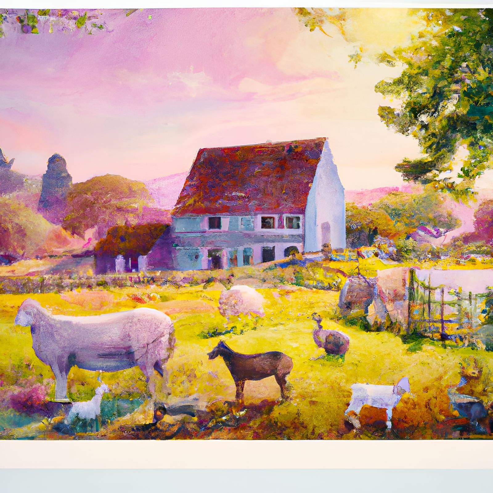 Pastoral Farmhouse Watercolor Painting with Farm Animals