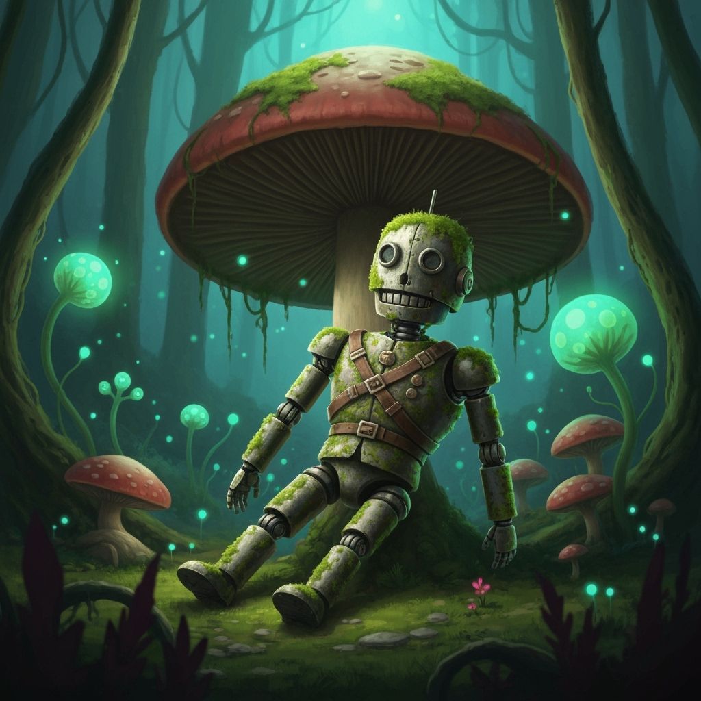 Moss-Covered Automaton in Bioluminescent Forest