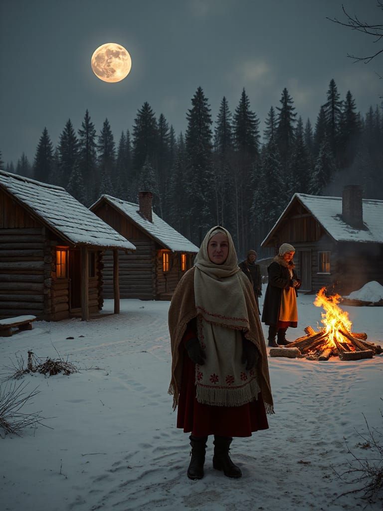 Slavic Winter Village Ritual in Mystical Forest