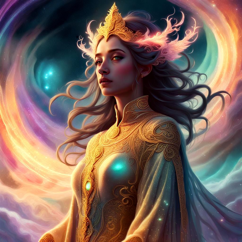 Celestial Maiden Amidst Iridescent Aurora