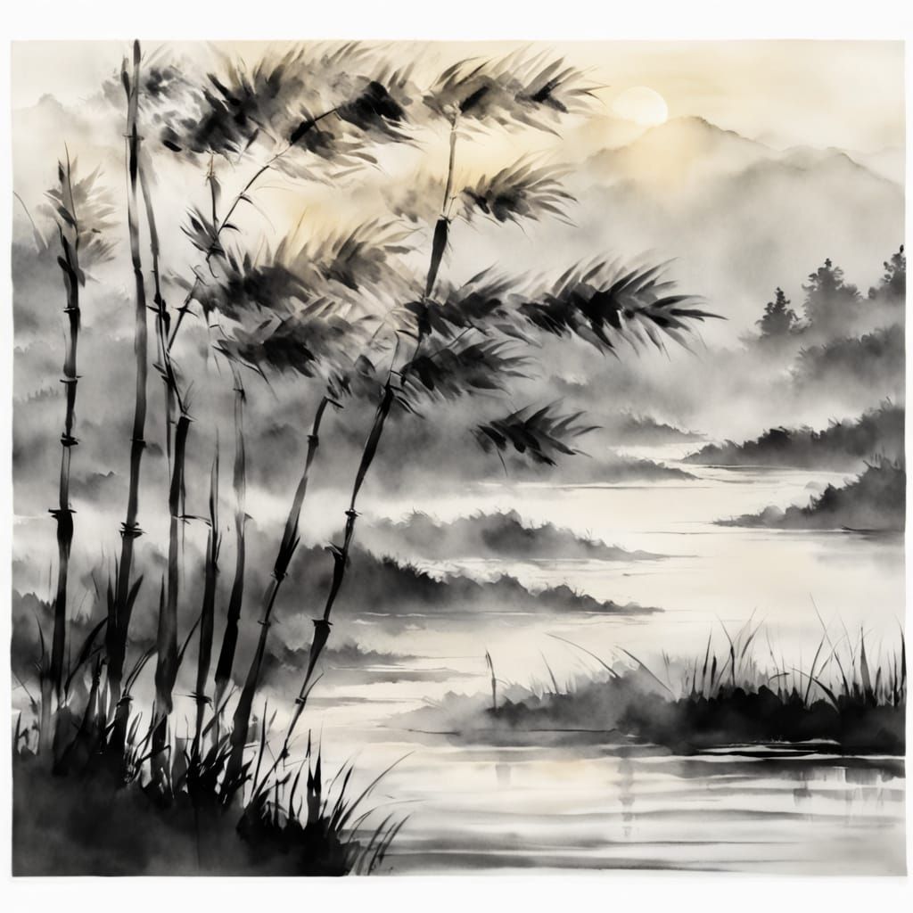 Sumi-e Bamboo by the Sea in Misty Morning Light