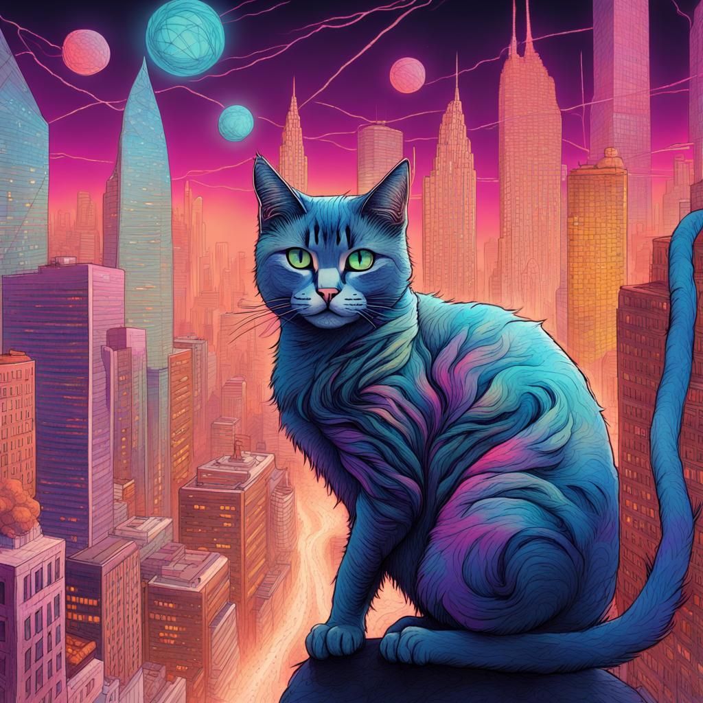 Cat Cityscape: Yarn Ball Towers in Cosmic Art