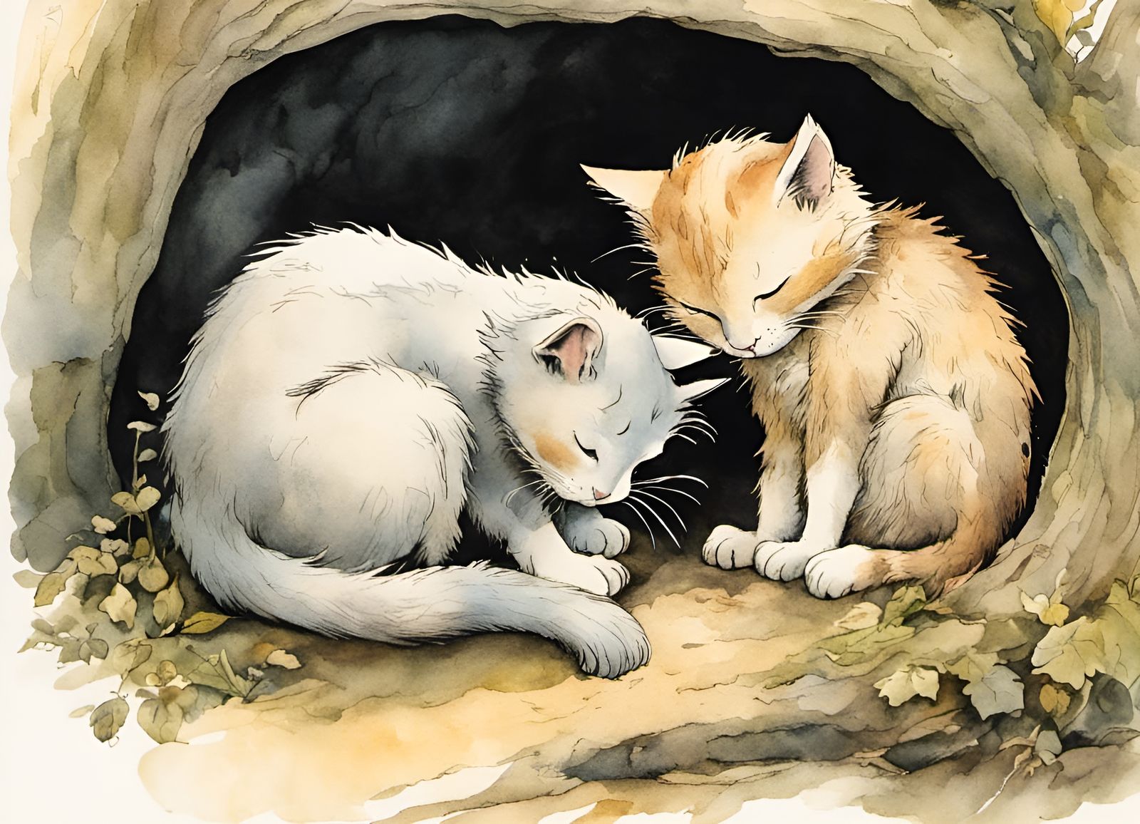 Comforting Cats in Storybook Watercolor Illustration