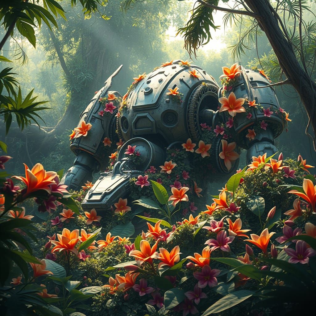 Colossal Robot Slumbers in Jungle Clearing