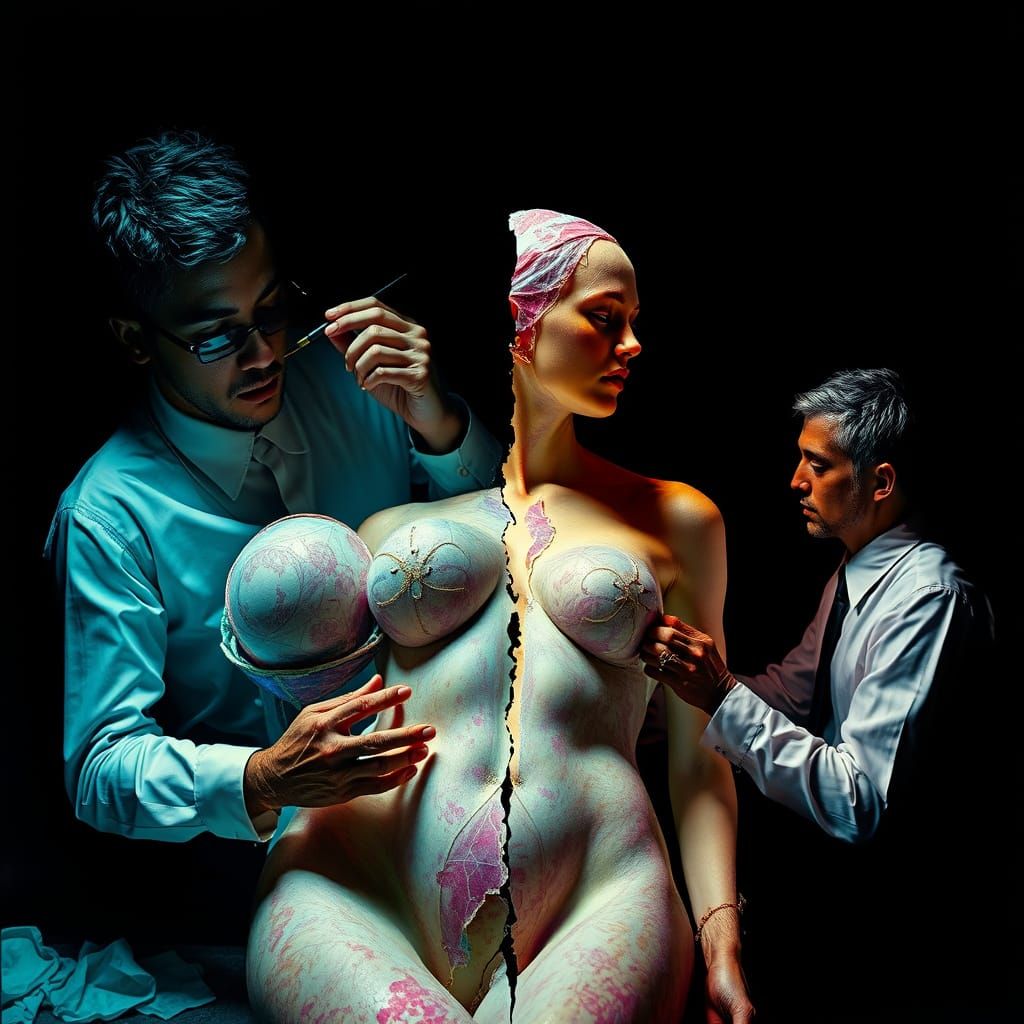 Surrealist Men Repairing Ethereal Woman in Split Screens