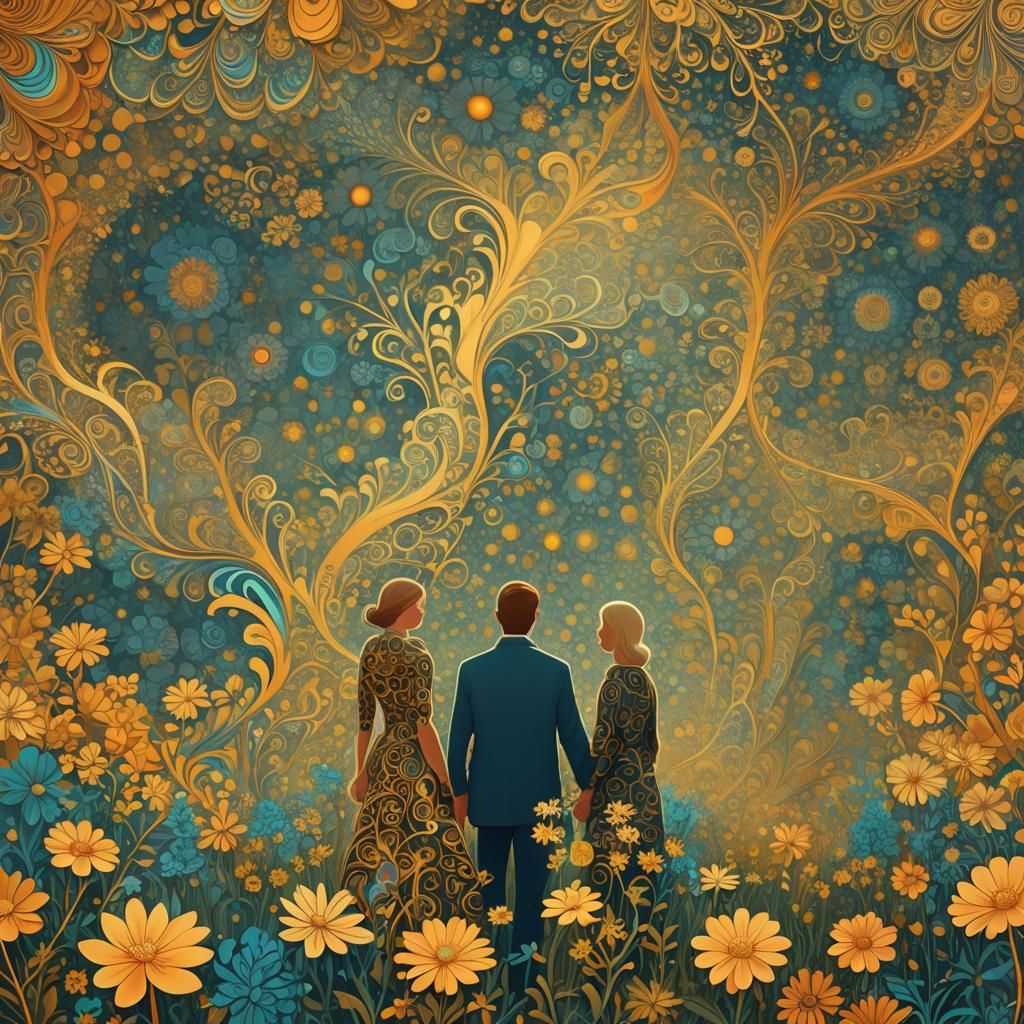 Dreamlike Fractal: Couple in Flower Meadow
