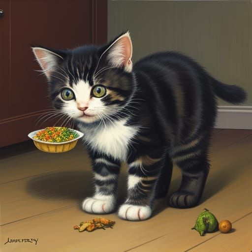 Whimsical Kitten Caught in the Act of Mischief, in a Traditi...