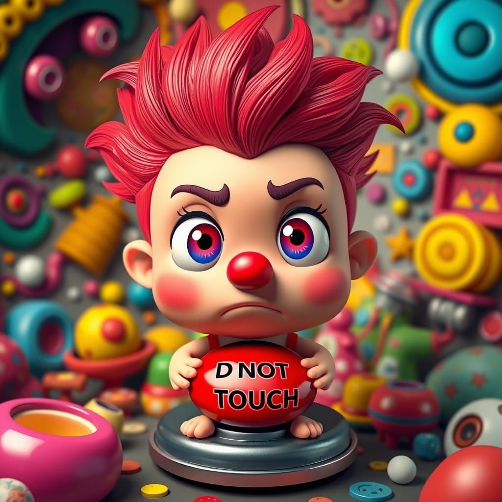 3d whimsical cartoon character hesitating nervously before a shiny red button labeled *DO NOT TOUCH*,