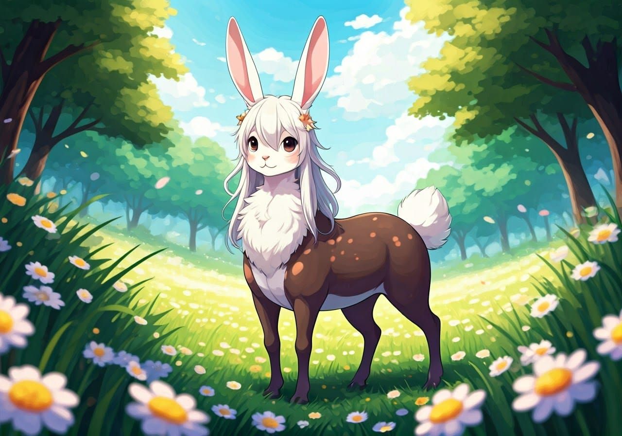 Rabbit Centaur in Flowering Meadow: Anime Style