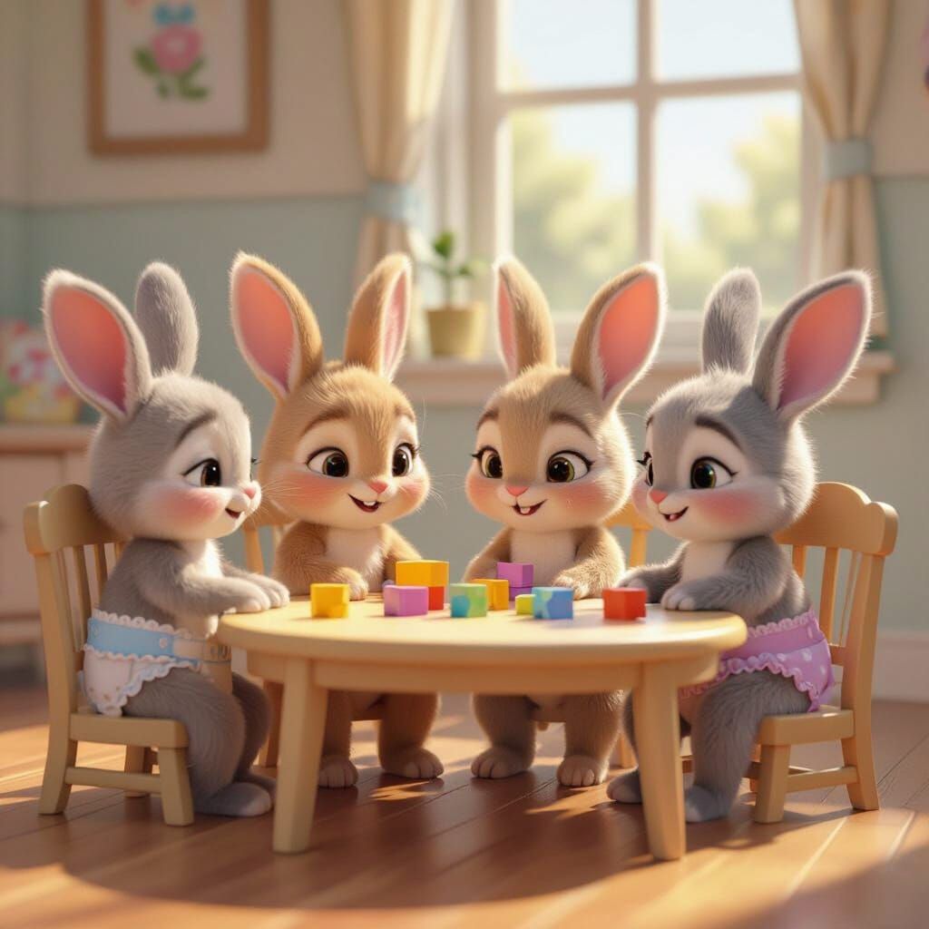 Four Bunnies Play with Blocks in Playroom
