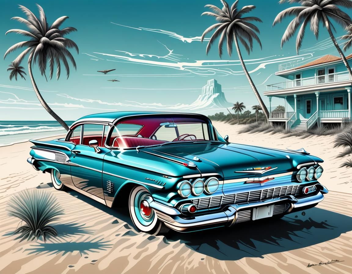 1959 Chevrolet Impala Ink Drawing on Beach