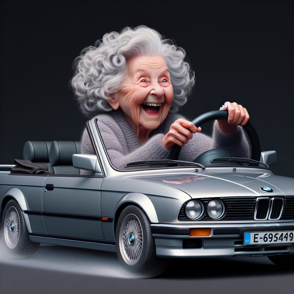 Joyful Elderly Woman Driving a BMW Convertible