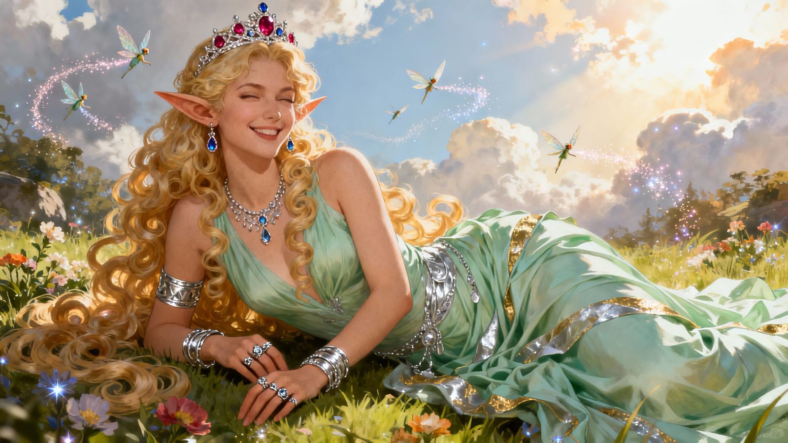 Beautiful Elf Woman Wink in Sunlit Glade