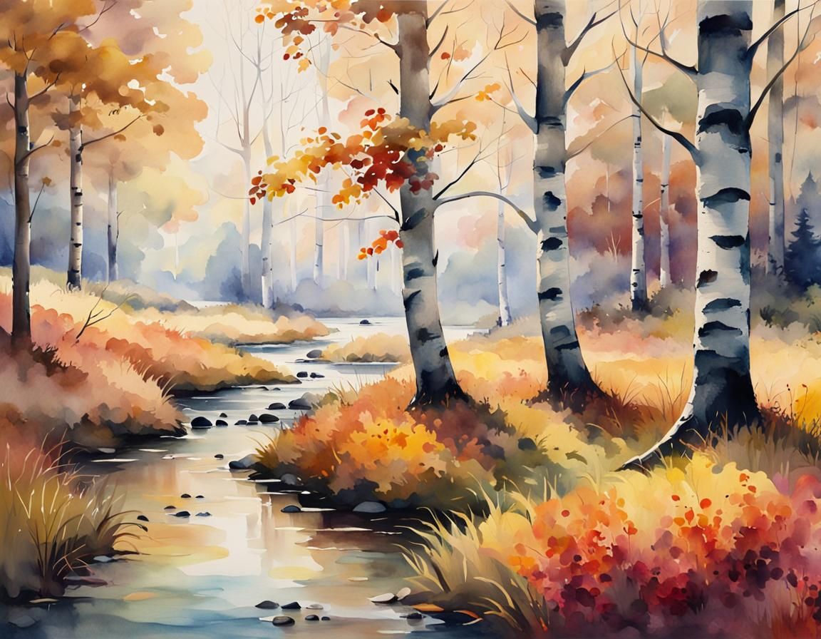 Vibrant Watercolor Forest Landscape in Art Nouveau Style