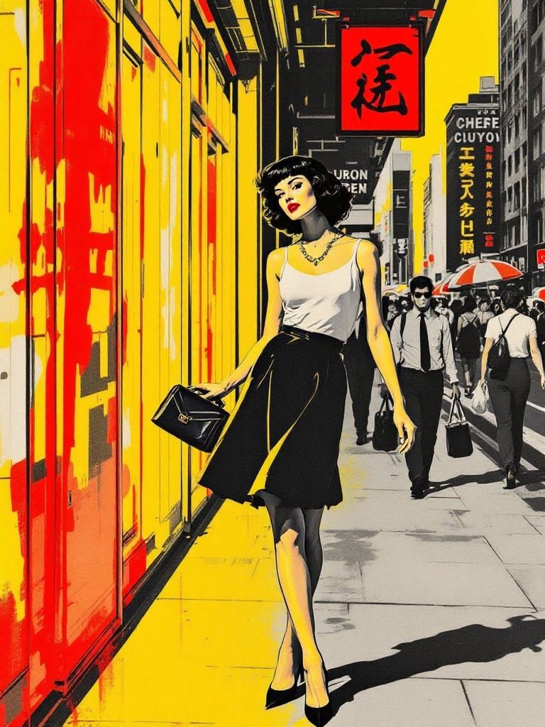 Pin-Up Woman Strides Through Boldly Colored Cityscape