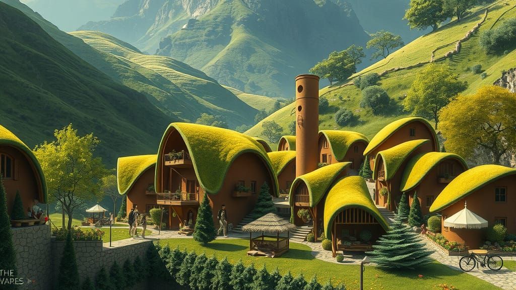 Solarpunk Village of Leaf-Shaped Homes Amidst Emerald Hills