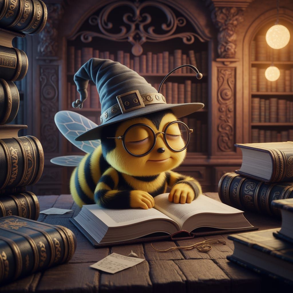 Sleepy Bumblebee Wizard Reads in Mystical Library