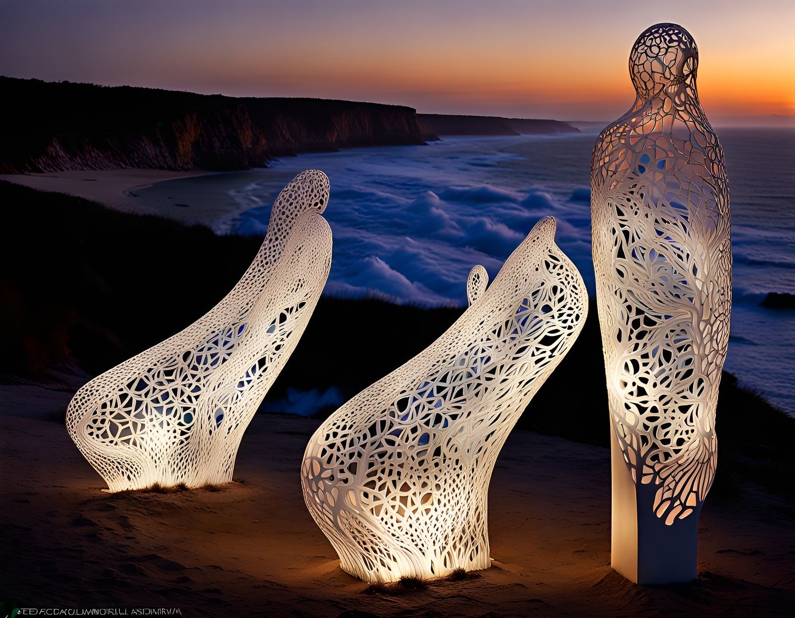 Glowing Lace Sculptures Overlooking the Sea at Sunset